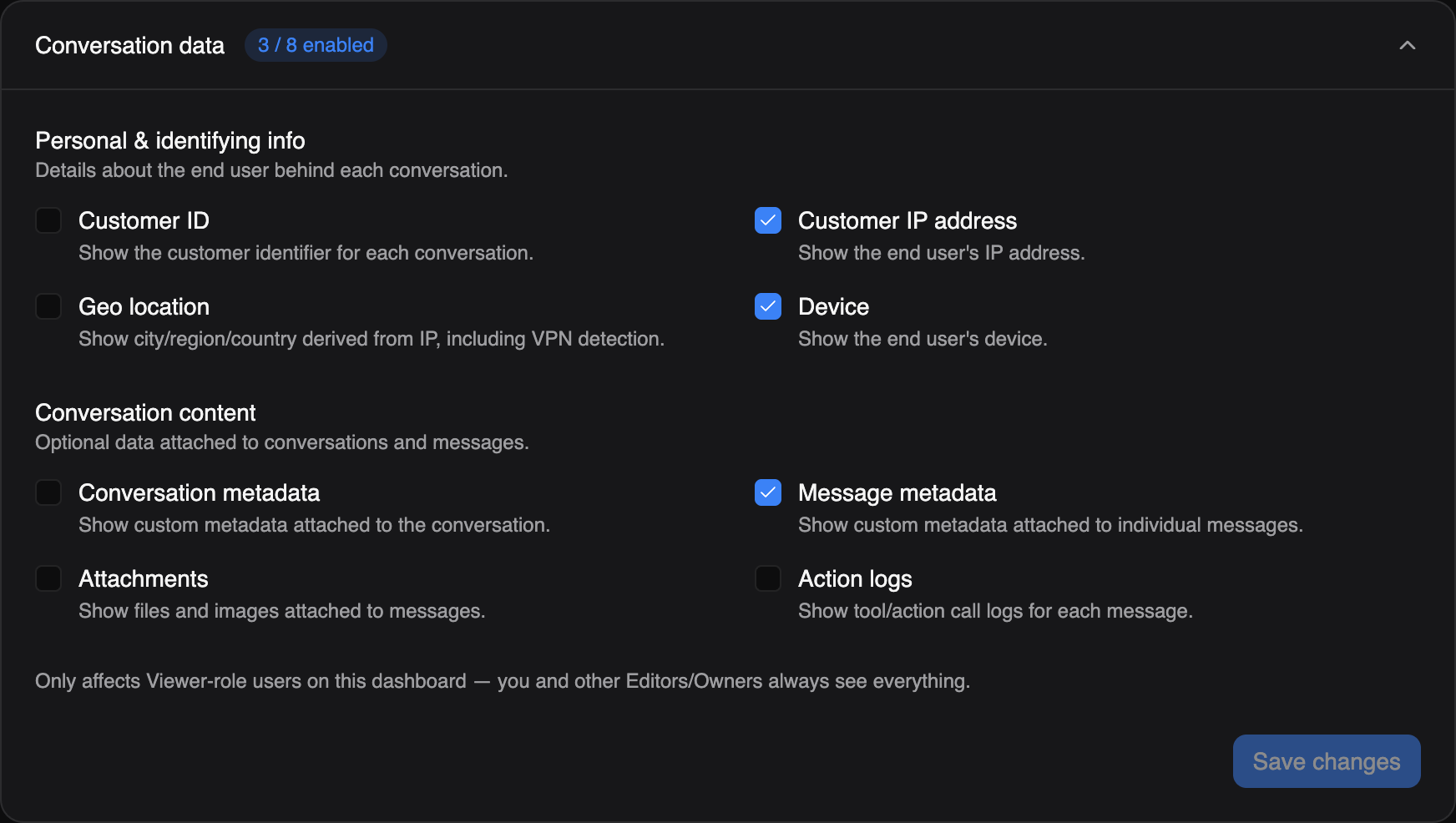 The conversation data visibility settings, with personal and identifying fields toggled individually