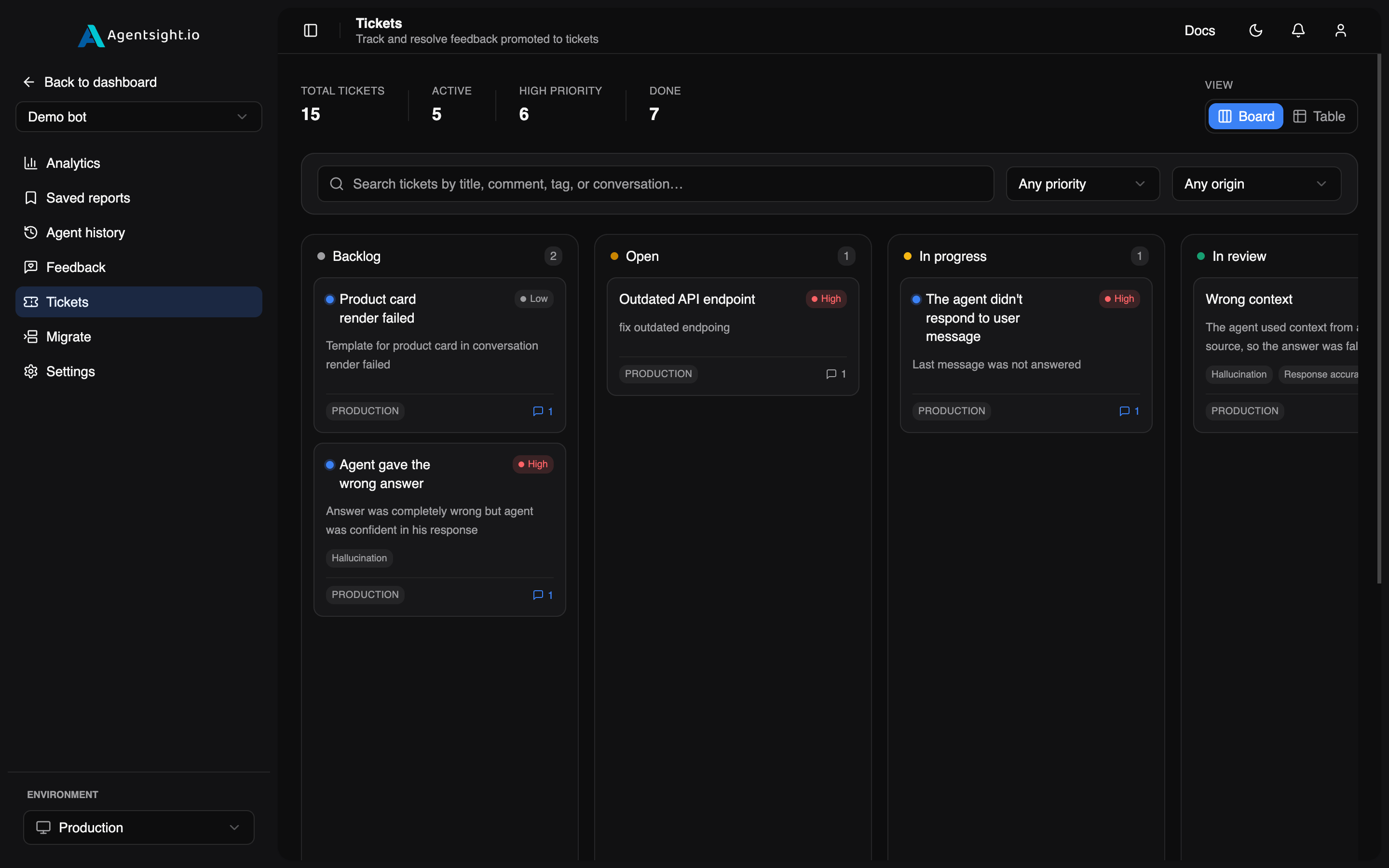 The tickets board, a Kanban view with columns for Backlog, Open, In progress and In review